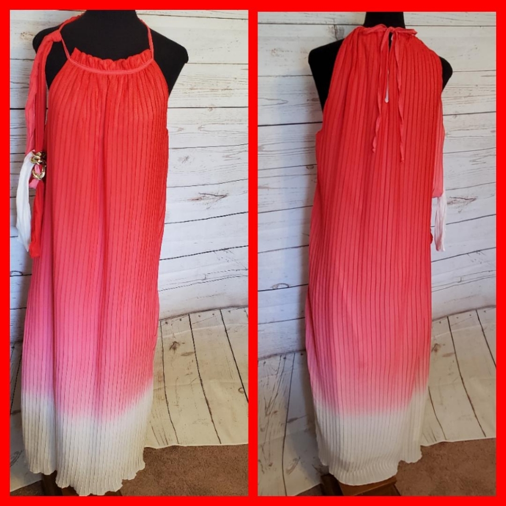 Vasna Desire coral ombre pleated halter neckline maxi dress size Large